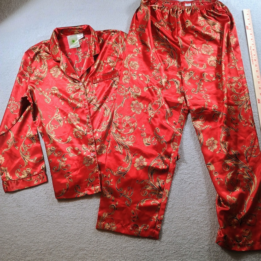 White Orchid Women Pajama Set Red Gold Medium Satin Baroque‎ Floral 2pc
